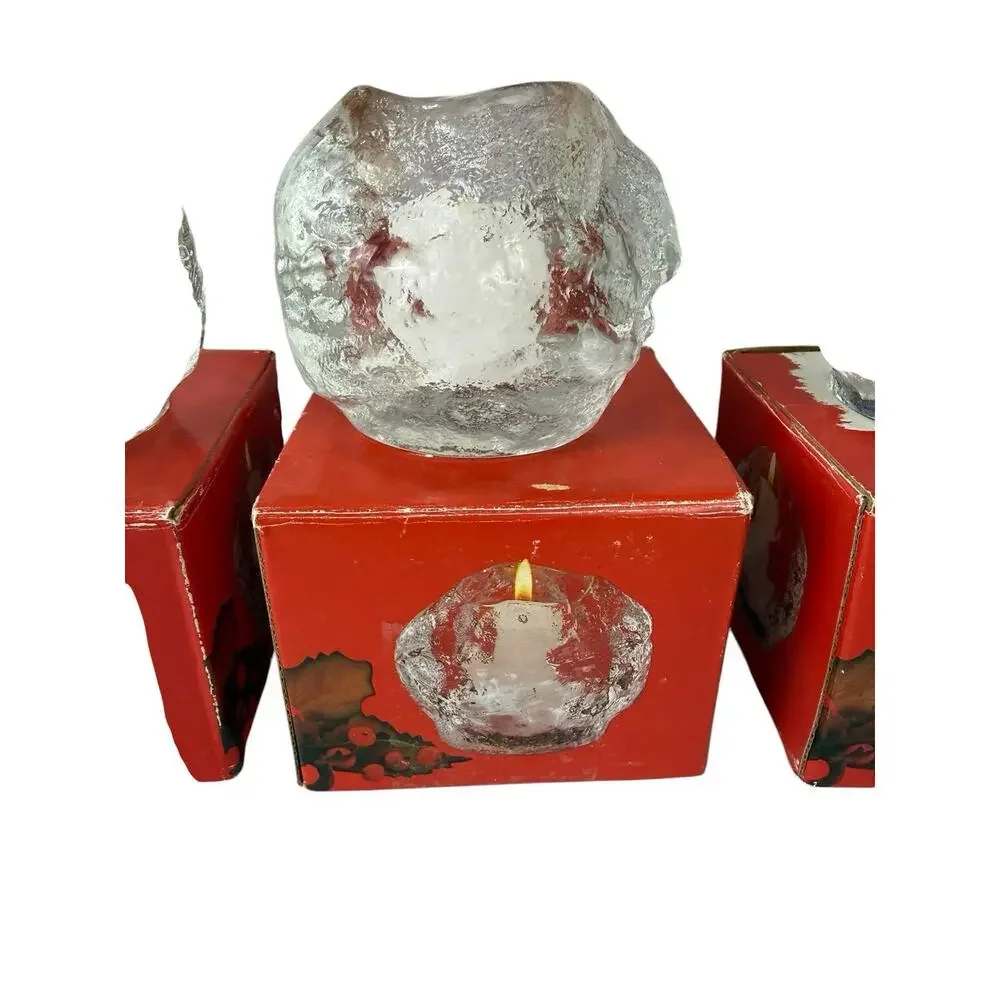 Vintage Ice Cube Snowball Glass Candle Holders Set of 3 Made in Taiwan w/ Boxes